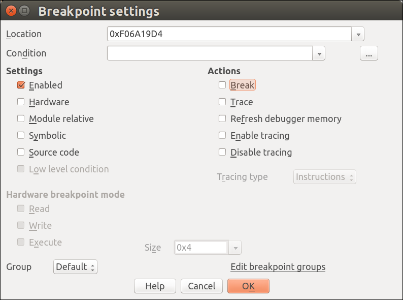 Edit breakpoint window